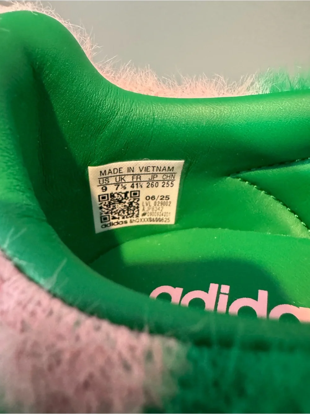 adidas Green with Pink Stripe Fuzzy Gazelle Sneakers